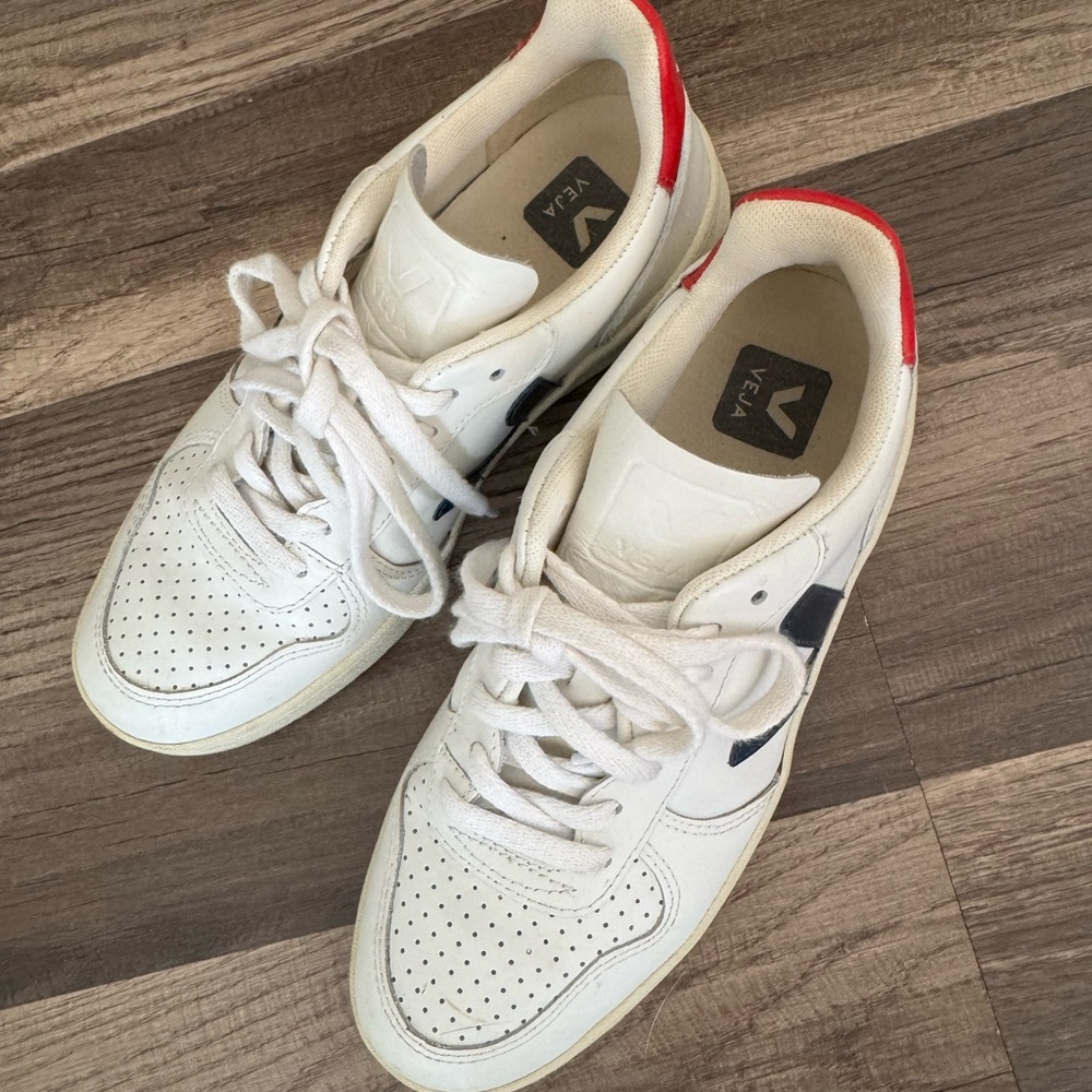 Veja White and Black Sneakers with Red Detail